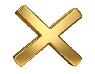 A radiant three-dimensional golden X symbol with smooth, reflective surfaces, perfect for diverse graphic applications.