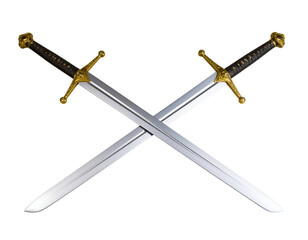 Two magnificent medieval swords with gleaming silver blades and ornate golden hilts cross dramatically.