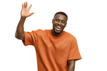 PNG Smiling african male adult waving in orange shirt