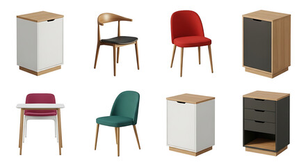 Modern minimalist furniture collection with Scandinavian style chairs and cabinets. 3D rendered set of wooden storage units and colorful seating, isolated on a black background for interior design