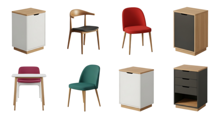 Modern minimalist furniture collection with Scandinavian style chairs and cabinets. 3D rendered set of wooden storage units and colorful seating, isolated on a black background for interior design