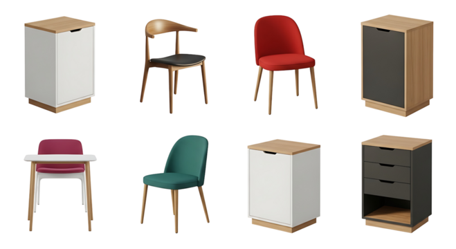 Modern minimalist furniture collection with Scandinavian style chairs and cabinets. 3D rendered set of wooden storage units and colorful seating, isolated on a black background for interior design