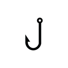 Simple black fishing hook icon on a white background, representing angling, fishing, baiting, or maritime themes. Perfect for logos, outdoor gear, or recreational and commercial fishing graphics.