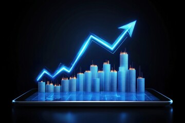 A glowing digital cityscape rises from a tablet screen with an upward arrow graph symbolizing growth and progress in technology and business.