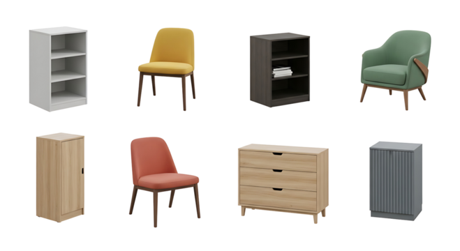 Collection of modern minimalist furniture featuring chairs, bookcases, dressers, and cabinets. 3D render of various Scandinavian and mid-century style pieces isolated on a black background.