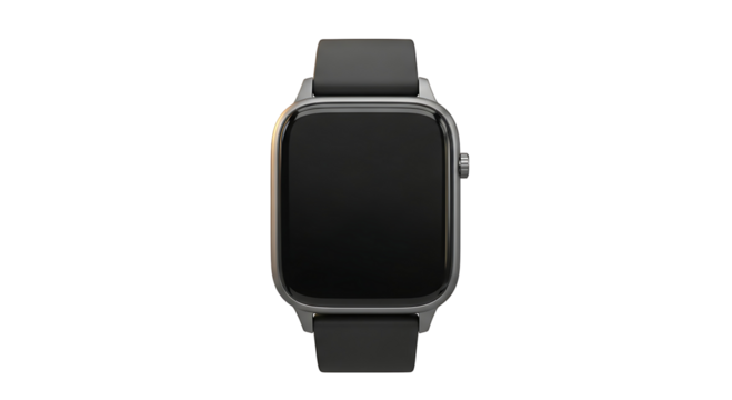 Modern smartwatch 3D render with a blank black screen for UI mockup or template. Wearable technology device with a metallic case and black band, isolated on a black background for product design