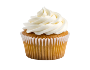 A perfectly baked vanilla cupcake crowned with a swirl of luscious white buttercream frosting.