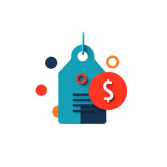 A blue price tag with a red dollar symbol and colorful circular accents.