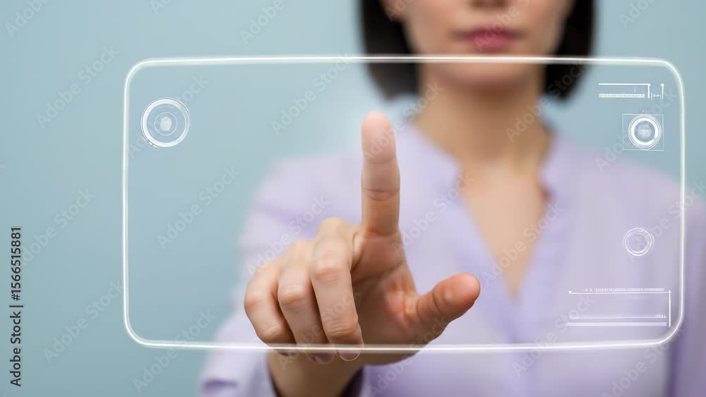 Poster interactive interface: focused woman in her 30s interacts with a modern transparent touch screen, cr