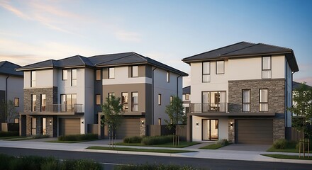 Photorealistic 3D rendering of a modern suburban townhouse development at dusk. Contemporary residential homes with stone facades and landscaped front yards in a new property community.