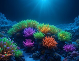 Obraz premium Vibrant coral reef with green orange and purple soft corals under a bright light in the ocean