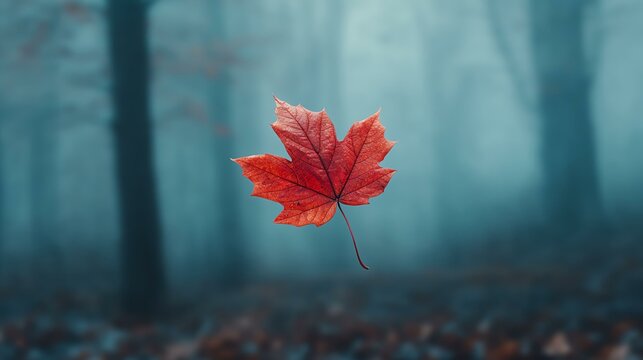 Vivid red leaf floating in misty forest.