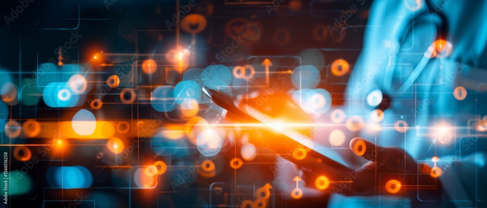 Poster a vibrant image showcasing a person interacting with digital technology, illuminated by colorful dat