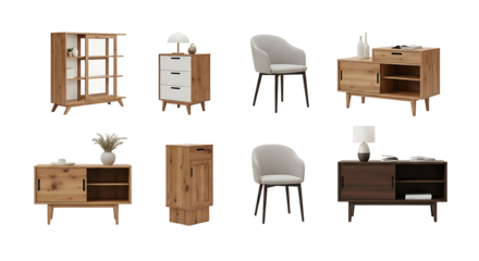 Elegant collection of modern minimalist and Scandinavian furniture isolated on a black background. Wooden sideboards, chairs, and cabinets for contemporary interior design and product mockups.