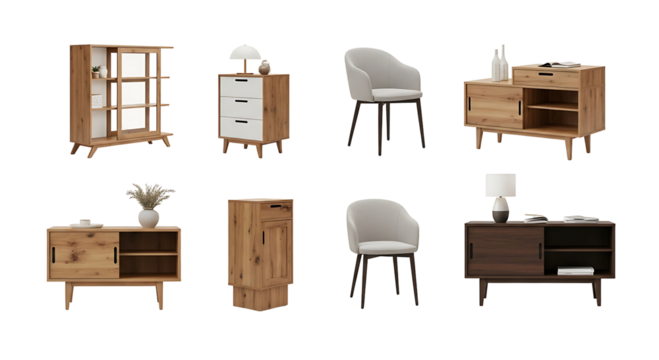 Elegant collection of modern minimalist and Scandinavian furniture isolated on a black background. Wooden sideboards, chairs, and cabinets for contemporary interior design and product mockups.