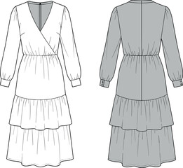 Elegant tiered long sleeve dress fashion technical sketch, flat front and back view, CAD drawing, garment design illustration vector