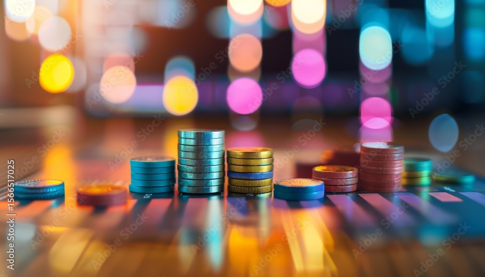 Poster a visually striking arrangement of colorful coins stacked on a surface, with a blurred background of