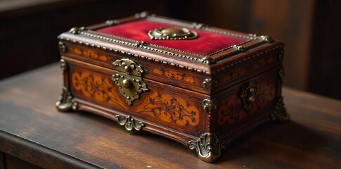 Elegant antique wooden jewelry box with intricate carvings, brass hinges, and a velvet interior Perfect for storing precious jewelry or keepsakes , container, box