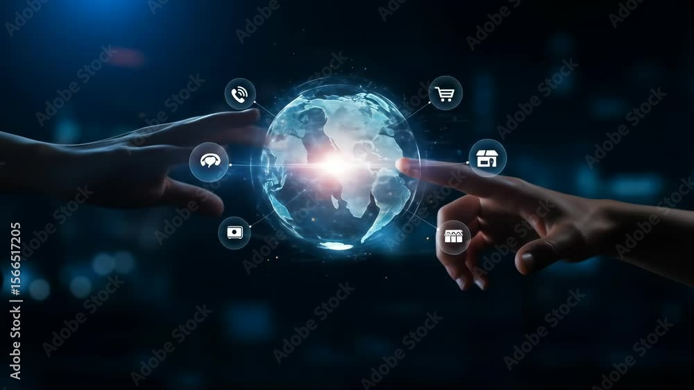 Poster global network connection: a glowing globe illustrates the digital connection between hands symboliz