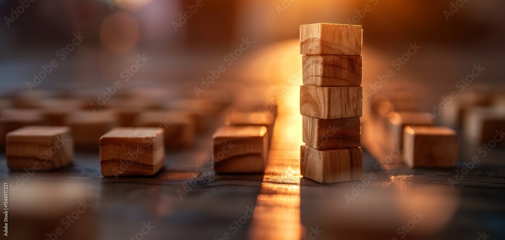 Poster a serene arrangement of wooden blocks, some stacked, creating a warm, inviting atmosphere with a sof