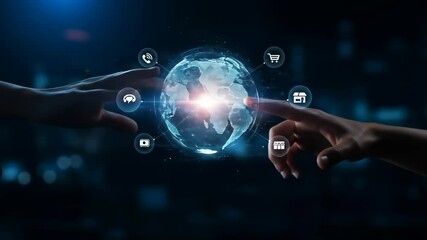 Global Network Connection: A glowing globe illustrates the digital connection between hands symbolizing international trade, data, and online communication. - Powered by Adobe
