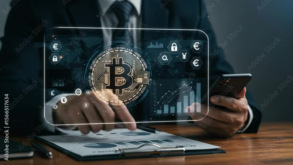 Poster bitcoin analysis: businessman analyzing crypto trends on his phone, studying blockchain and currency