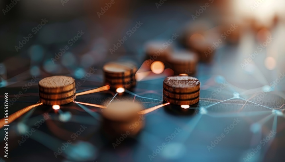Poster a close-up view of interconnected wooden tokens on a digital network background, symbolizing technol