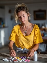 Woman organizing colorful pills and medication bottles on wooden table in a cozy home setting