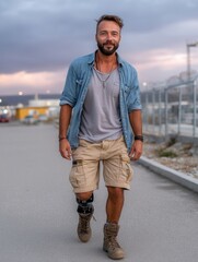 Confident man walking outdoors with prosthetic limb, casual style, urban setting, early evening sky