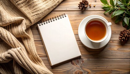 Vista elevada de un espacio de trabajo productivo: taza de t&eacute;, cuaderno en blanco y flores en escritorio de madera