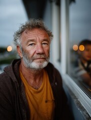 Thoughtful senior man with gray beard sitting by train window during evening travel, reflective mood