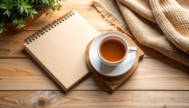 Vista elevada de un espacio de trabajo productivo: taza de t&eacute;, cuaderno en blanco y flores en escritorio de madera