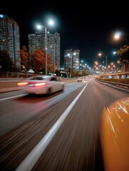Nighttime Cityscape with Moving Cars, Tall Buildings, and Bright Streetlights on an Urban Road