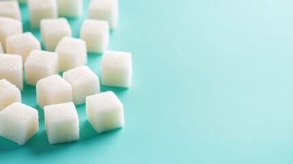 Many white sugar cubes are placed on a light blue surface. It shows unhealthy diet, or sweet coffee concept image.