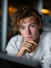 Close-up portrait of a young man with curly hair and blue eyes, resting chin on hand in a contemplative mood