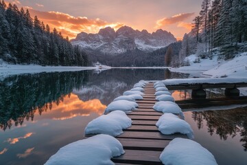 Snowy dock on a lake reflects mountains at sunset, trees covered with snow. Perfect for travel blogs, winter themes, or outdoor adventure promotions.
