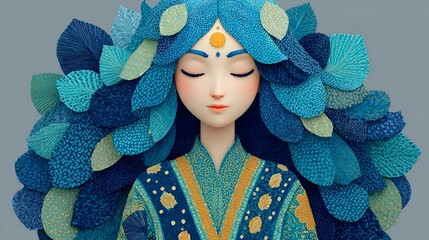 Stylized fantasy woman with floral hair and serene meditative face