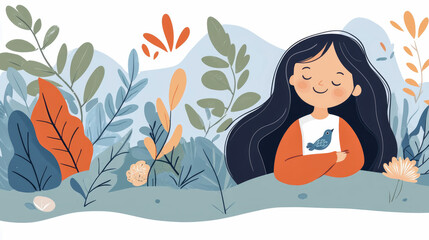 Peaceful scene of girl meditating in a nature with plants, promoting well-being and mindfulness for children, suitable for print in books or educational materials