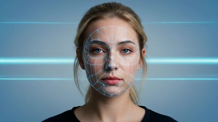 Facial Recognition Scan: Young White Woman Undergoing Futuristic Face Authentication Process - Powered by Adobe