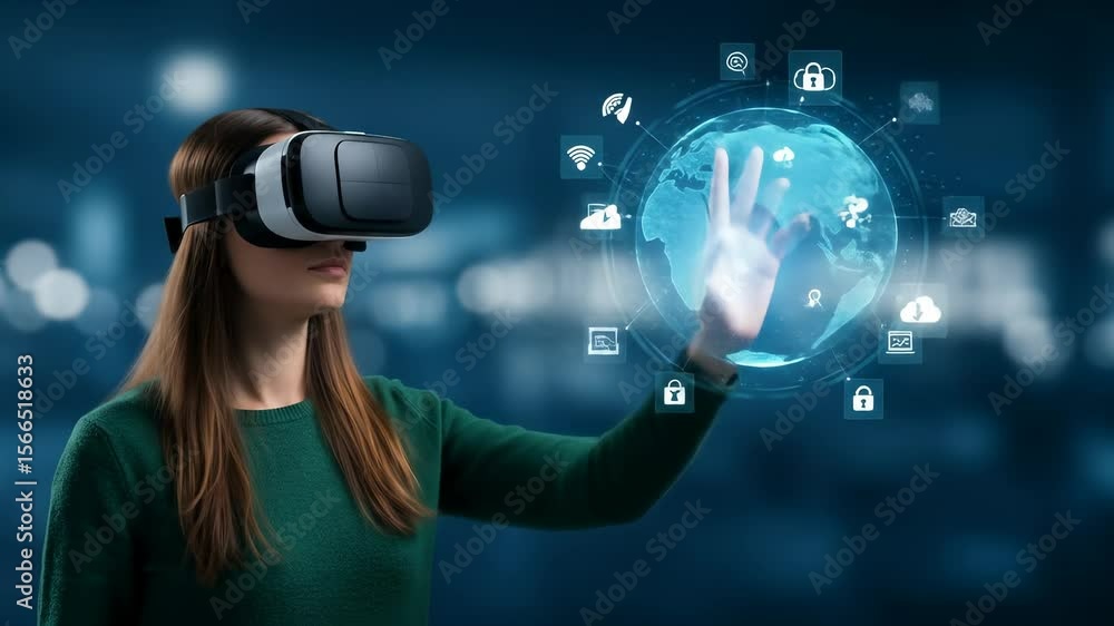 Poster virtual reality woman interacting with global digital network: innovative technology for data securi
