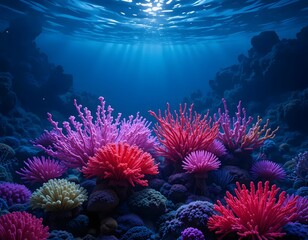 A vibrant coral reef ecosystem teeming with colorful coral formations under the ocean surface