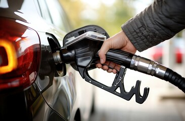 A person refuels a car at a gas station, holding a black fuel nozzle inserted into the vehicle"s fuel tank.