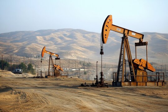 Oil pumpjacks operating in a dry, mountainous desert landscape under a clear sky during daytime. - Powered by Adobe