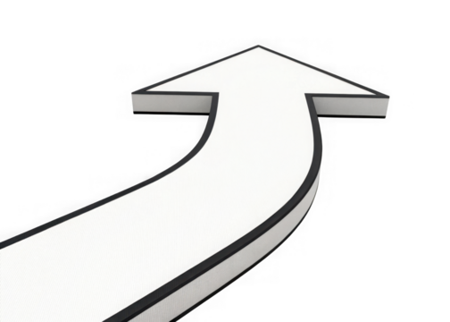 A white arrow with a black outline curves upwards against a transparent background isolated on transparent background - Powered by Adobe