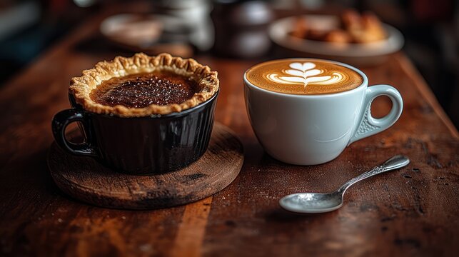 A cozy cafe scene featuring a sweet, mini pie and a creamy latte on a wooden table.