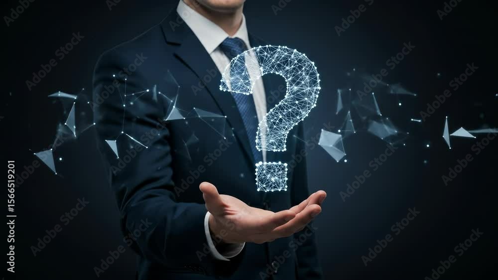 Poster questions presented: business man gestures toward glowing digital question mark amidst abstract data