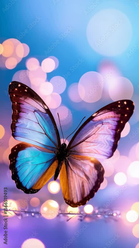 Poster close up of a vibrant butterfly with patterned wings perched on a reflective surface with bokeh ligh