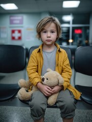 Young Boy Sitting in Airport Waiting Area Holding Teddy Bear, Notification Sign and Illumination in Background