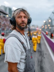 Man with headphones standing at racing event with motorcycles and crowd in background