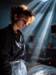 Female healthcare professional or nurse in a hospital room with dramatic lighting and sunlight streaming through curtains